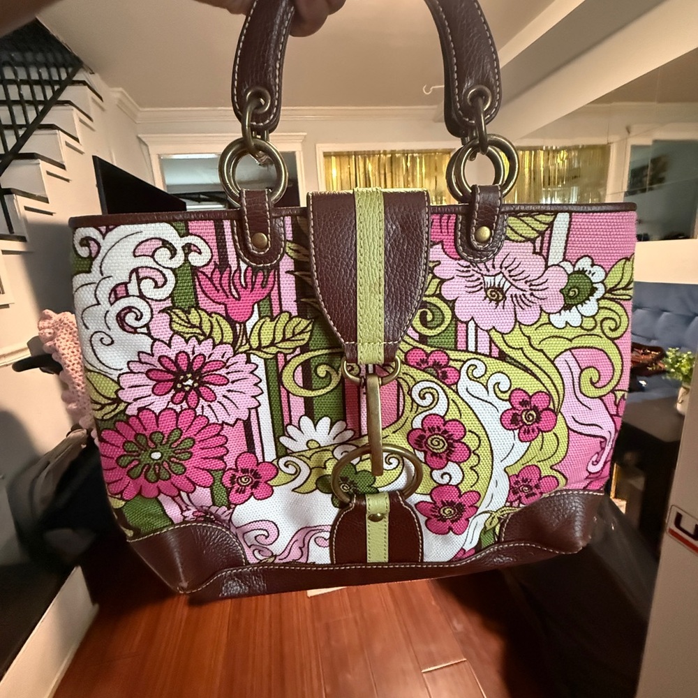 Floral Canvas Tote Bag with Brown Accents